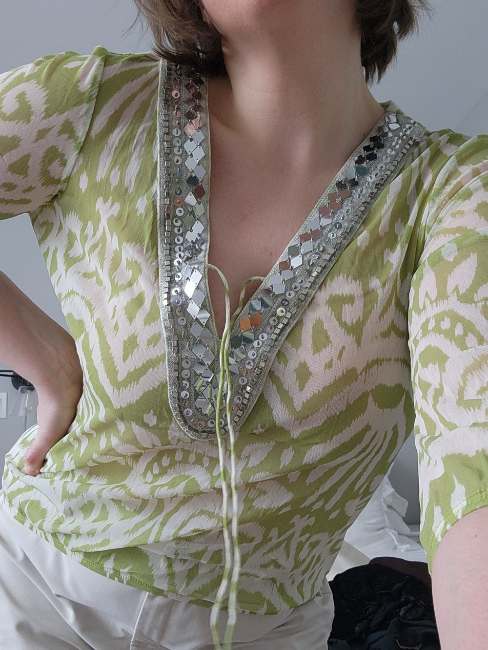 Ibiza-vibes Vintage Sheer Green Patterned Blouse with Sequin Trim